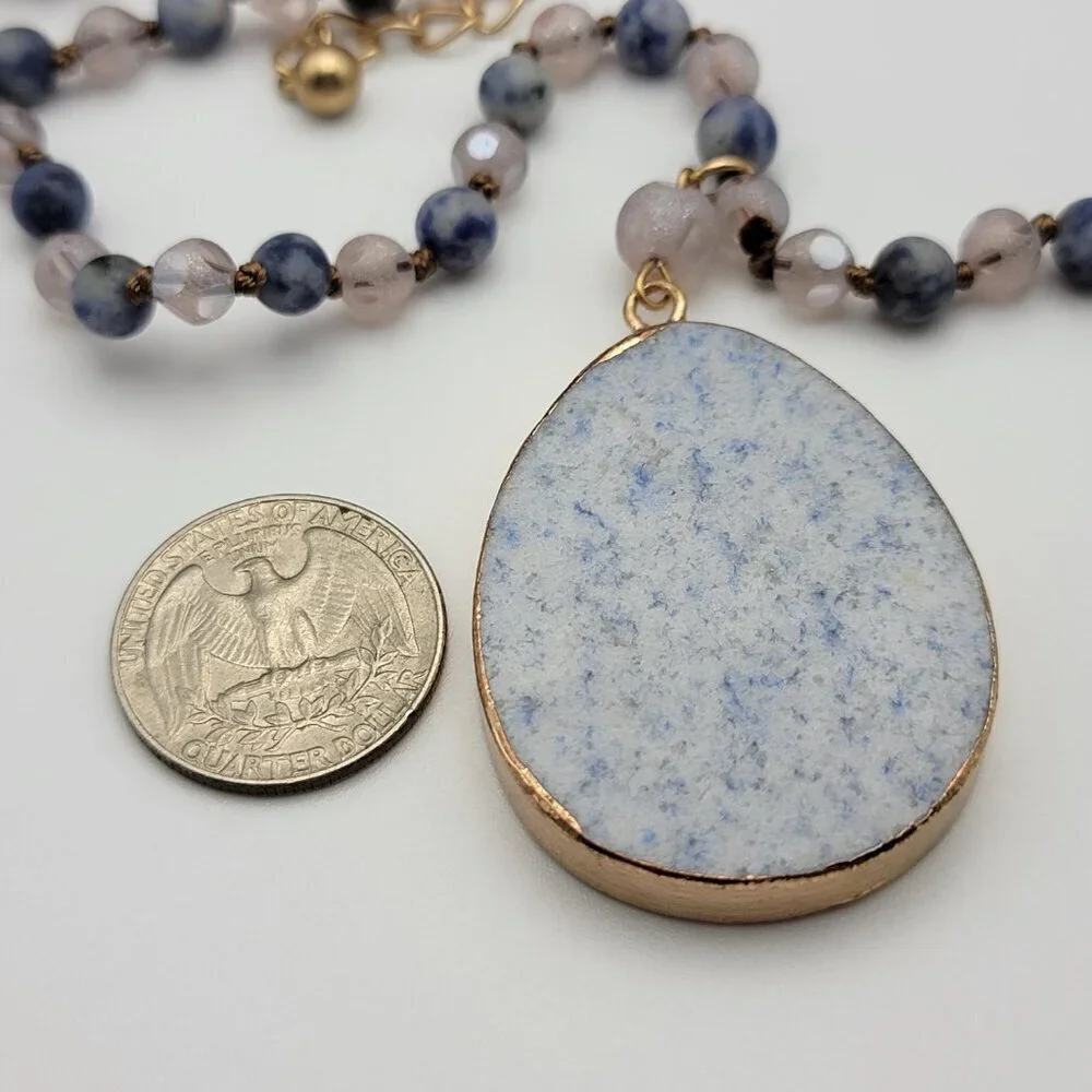Blue Aventurine Teardrop Pendant Quartz Beaded Necklace 36 Inch Gold-Tone